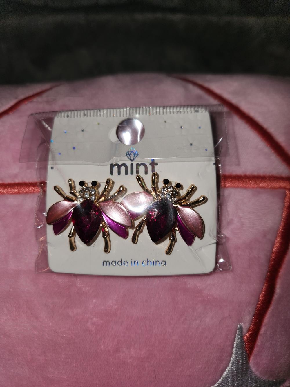 mint Pink and Magenta Bee Crystal Stud Earrings